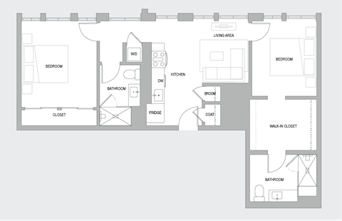 Floor plan for 2 beds, 2 baths, 1070 sqft