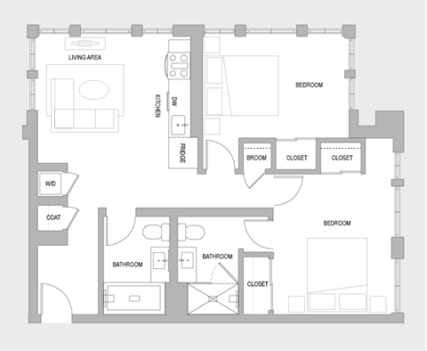 Floor plan for 2 beds, 2 baths, 1050 sqft
