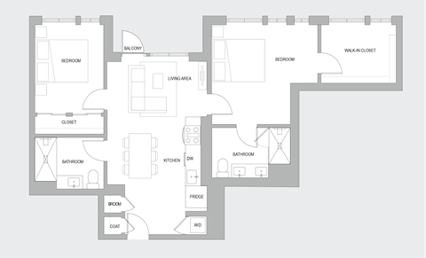 Floor plan for 2 beds, 2 baths, 1100 sqft