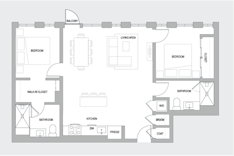 Floor plan for 2 beds, 2 baths, 1140 sqft