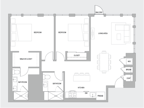 Floor plan for 2 beds, 2 baths, 1350 sqft