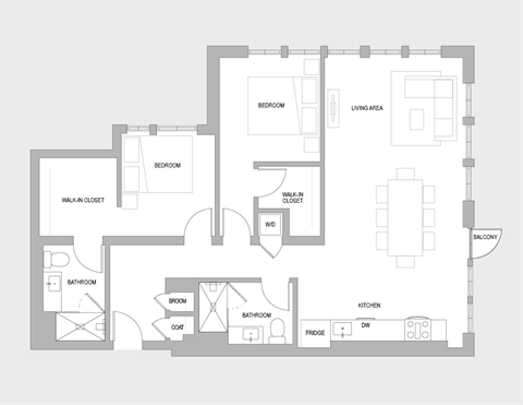 Floor plan for 2 beds, 2 baths, 1300 sqft