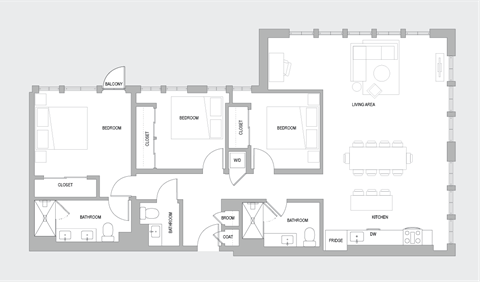 Floor plan for 3 beds, 3 baths, 1670 sqft