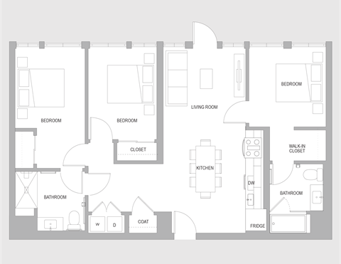 Floor plan for 3 beds, 2 baths, 1250 sqft
