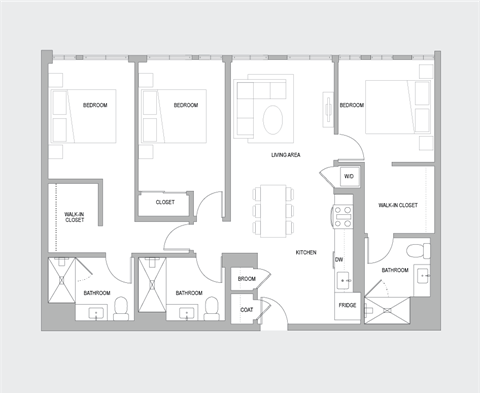 Floor plan for 3 beds, 3 baths, 1420 sqft