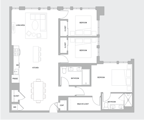 Floor plan for 3 beds, 2 baths, 1610 sqft