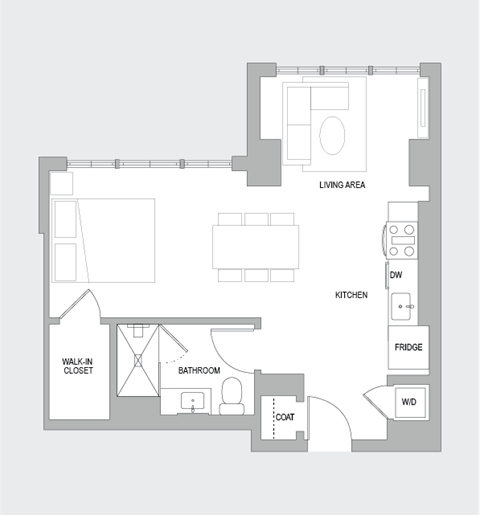 Floor plan for studio, 1 bath, 600 sqft