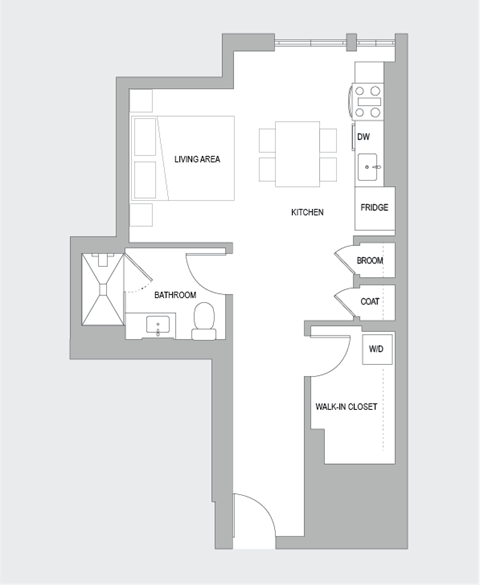 Floor plan for studio, 1 bath, 590 sqft