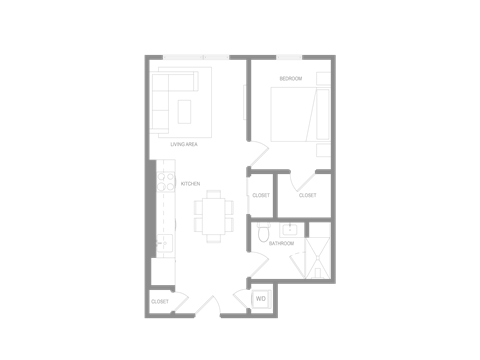 Floor plan for 1 bed, 1 bath, 740 sqft