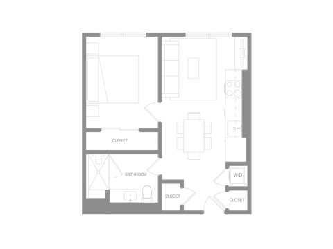 Floor plan for 1 bed, 1 bath, 610 sqft
