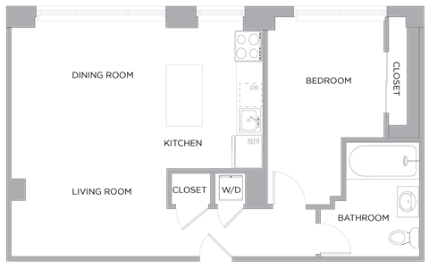 Floor plan for 1 bed, 1 bath, 725 sqft