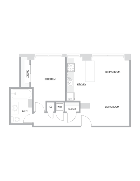 Floor plan for 1 bed, 1 bath, 725 sqft
