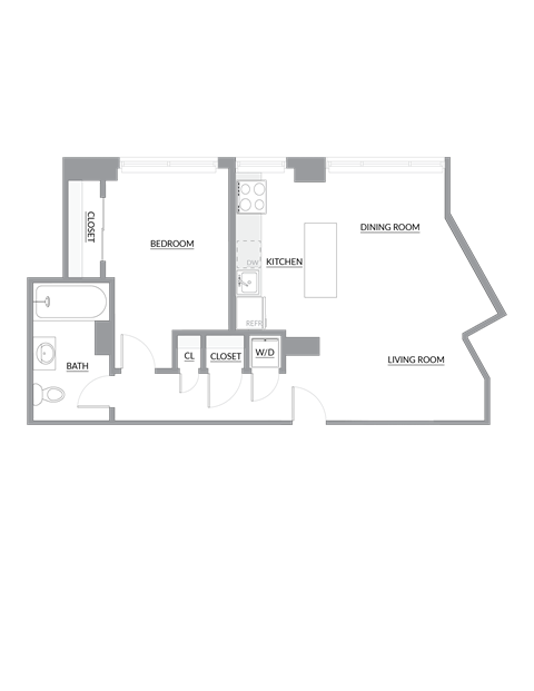 Floor plan for 1 bed, 1 bath, 725 sqft