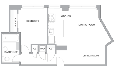 Floor plan for 1 bed, 1 bath, 750 sqft
