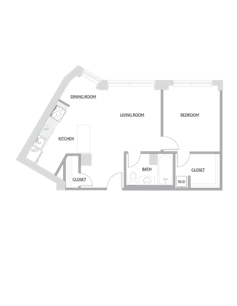 Floor plan for 1 bed, 1 bath, 775 sqft