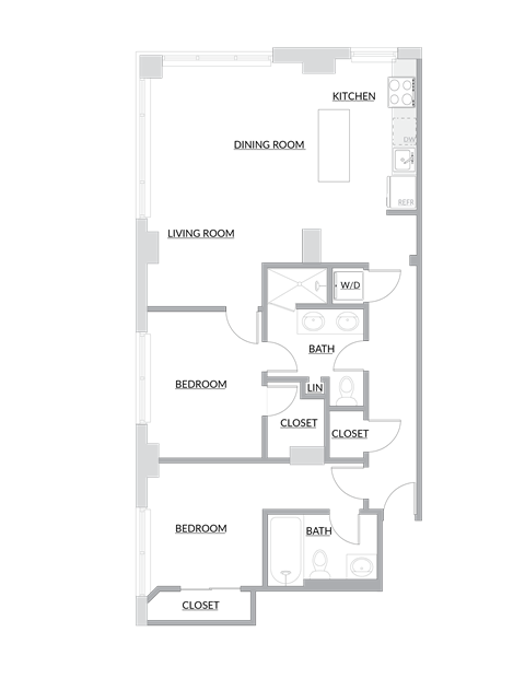 Floor plan for 2 beds, 2 baths, 950 sqft