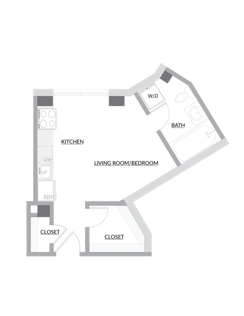 Floor plan for studio, 1 bath, 370 sqft