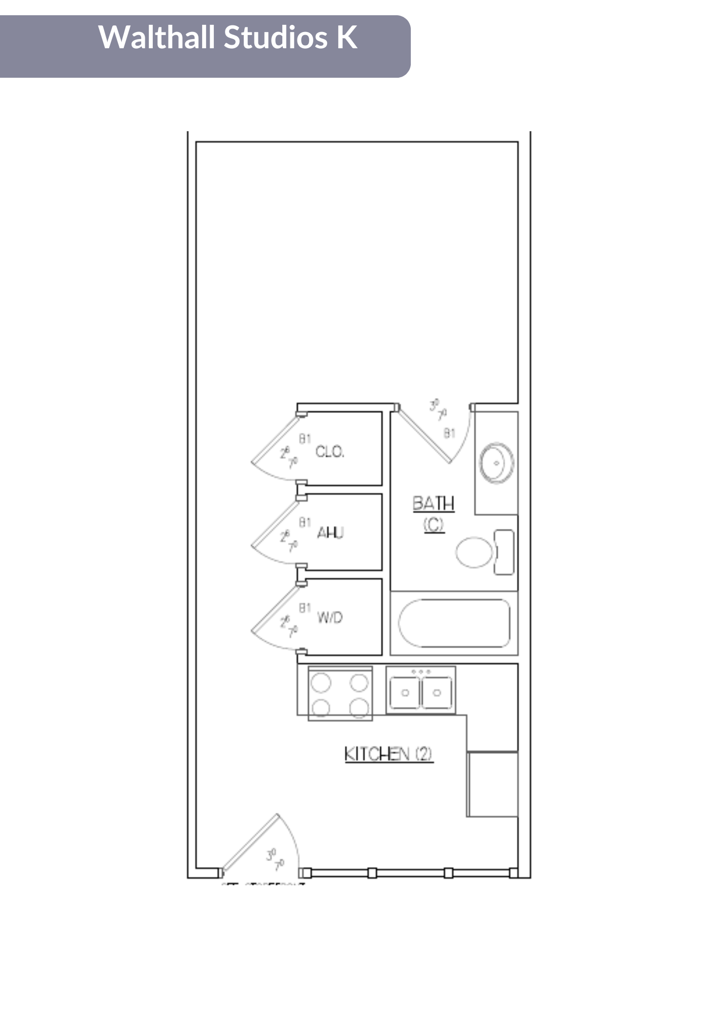 Floor plan for studio, 1 bath, 385 sqft