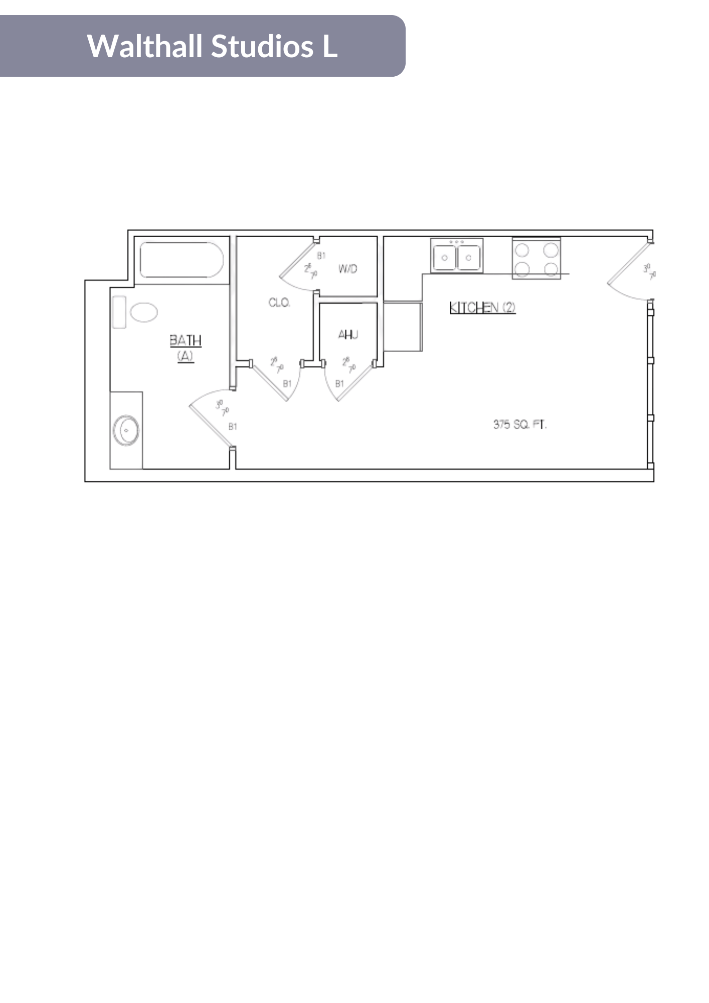 Floor plan for studio, 1 bath, 375 sqft