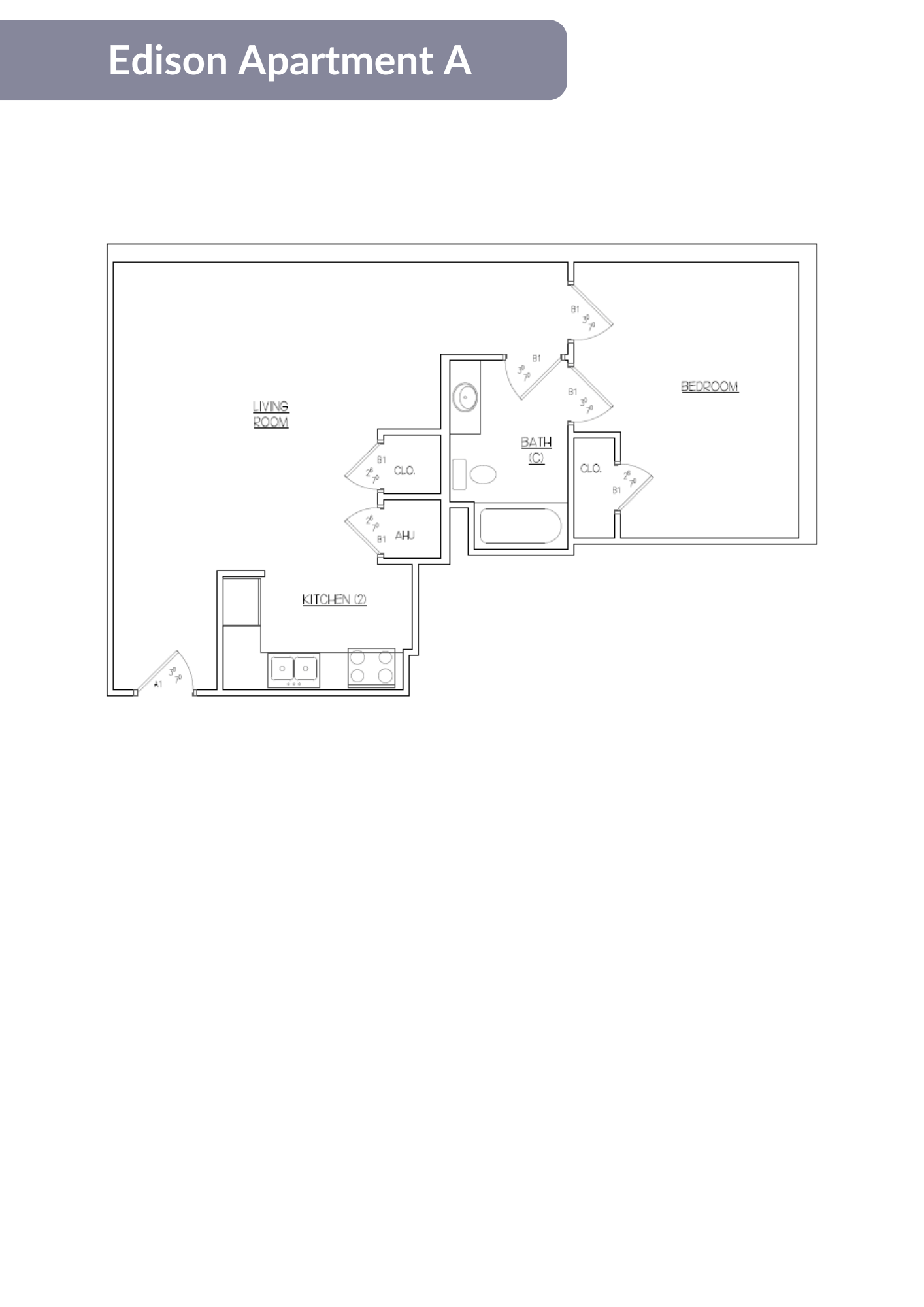 Floor plan for 1 bed, 1 bath, 760 sqft