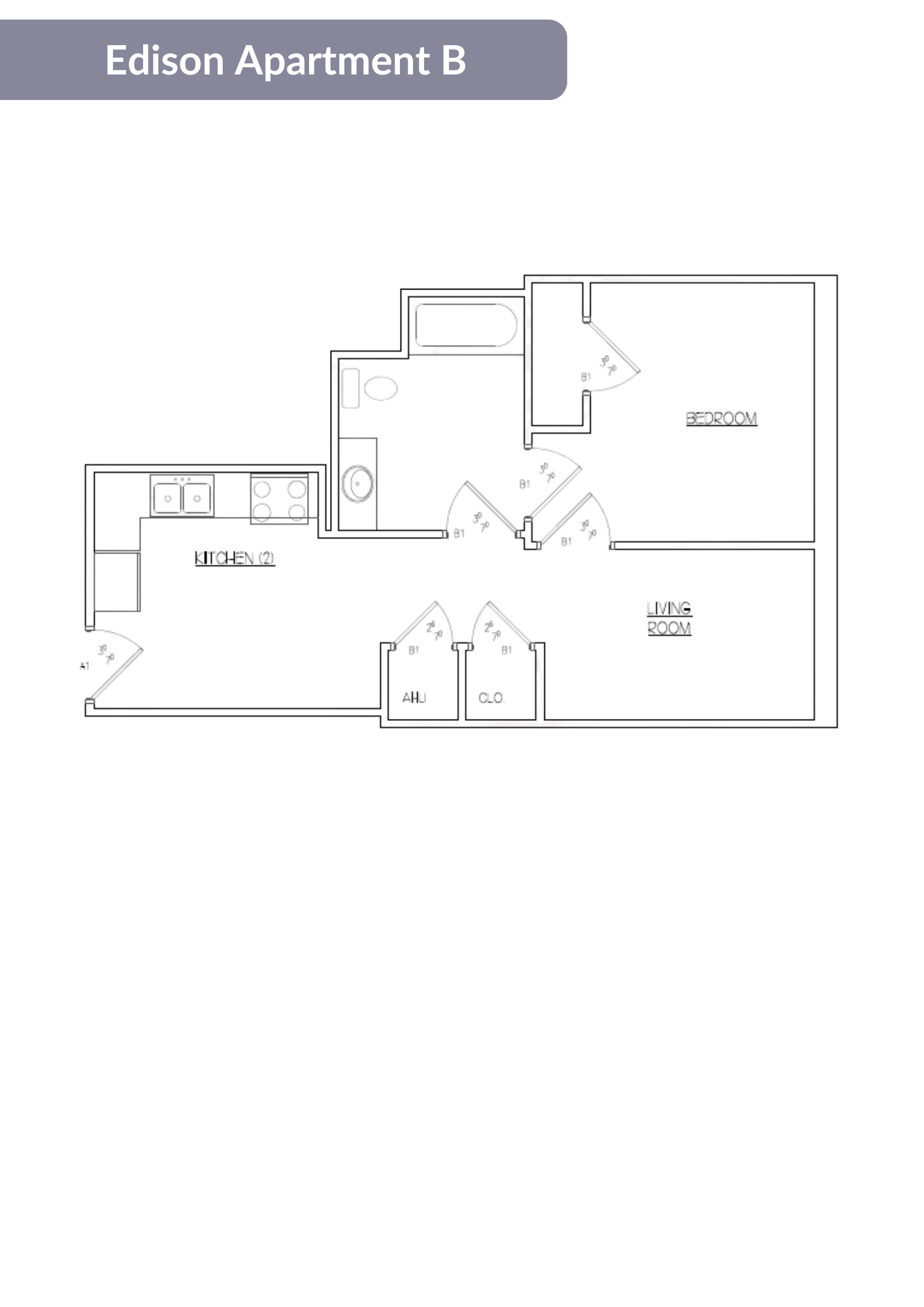 Floor plan for 1 bed, 1 bath, 520 sqft