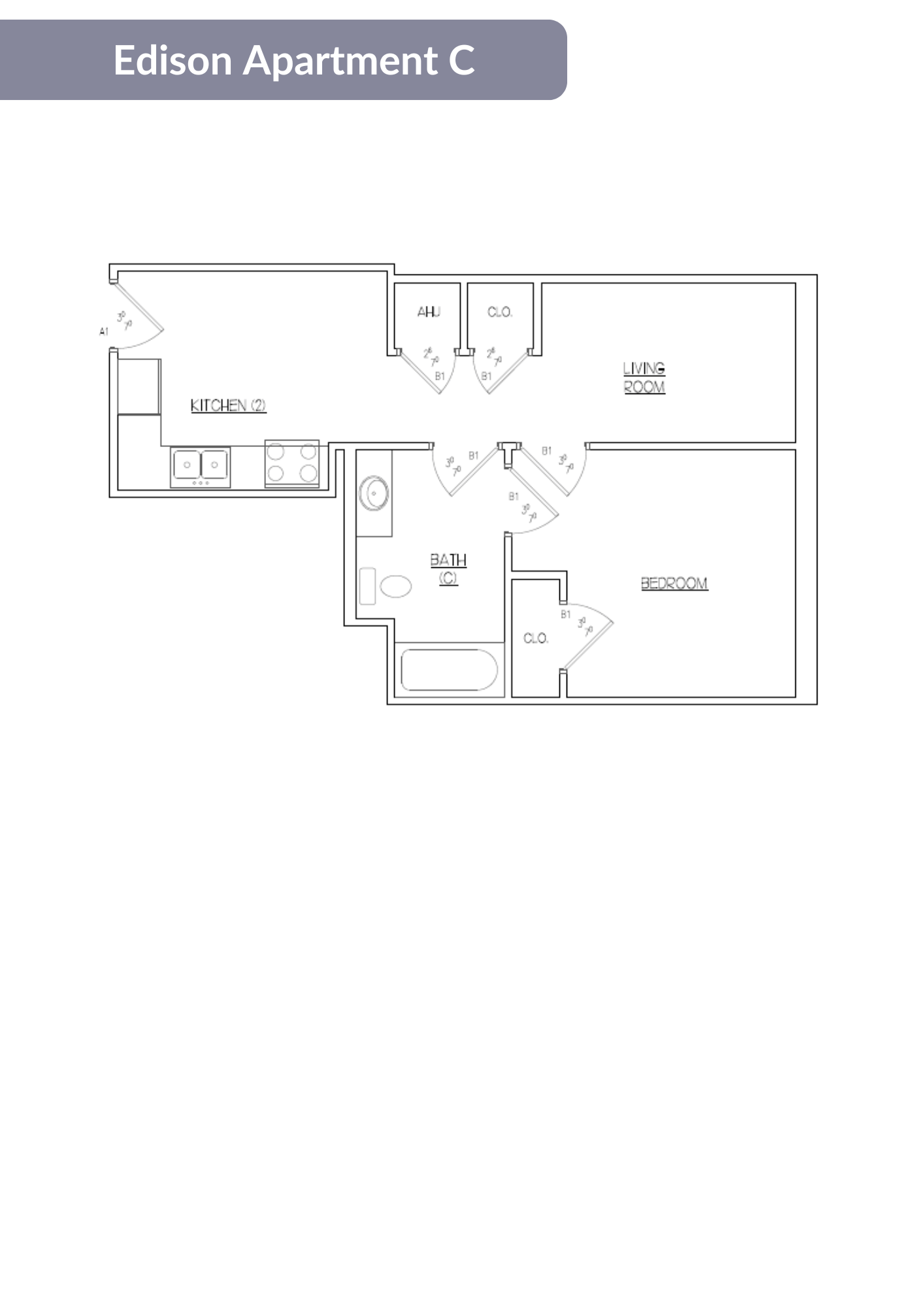 Floor plan for 1 bed, 1 bath, 515 sqft