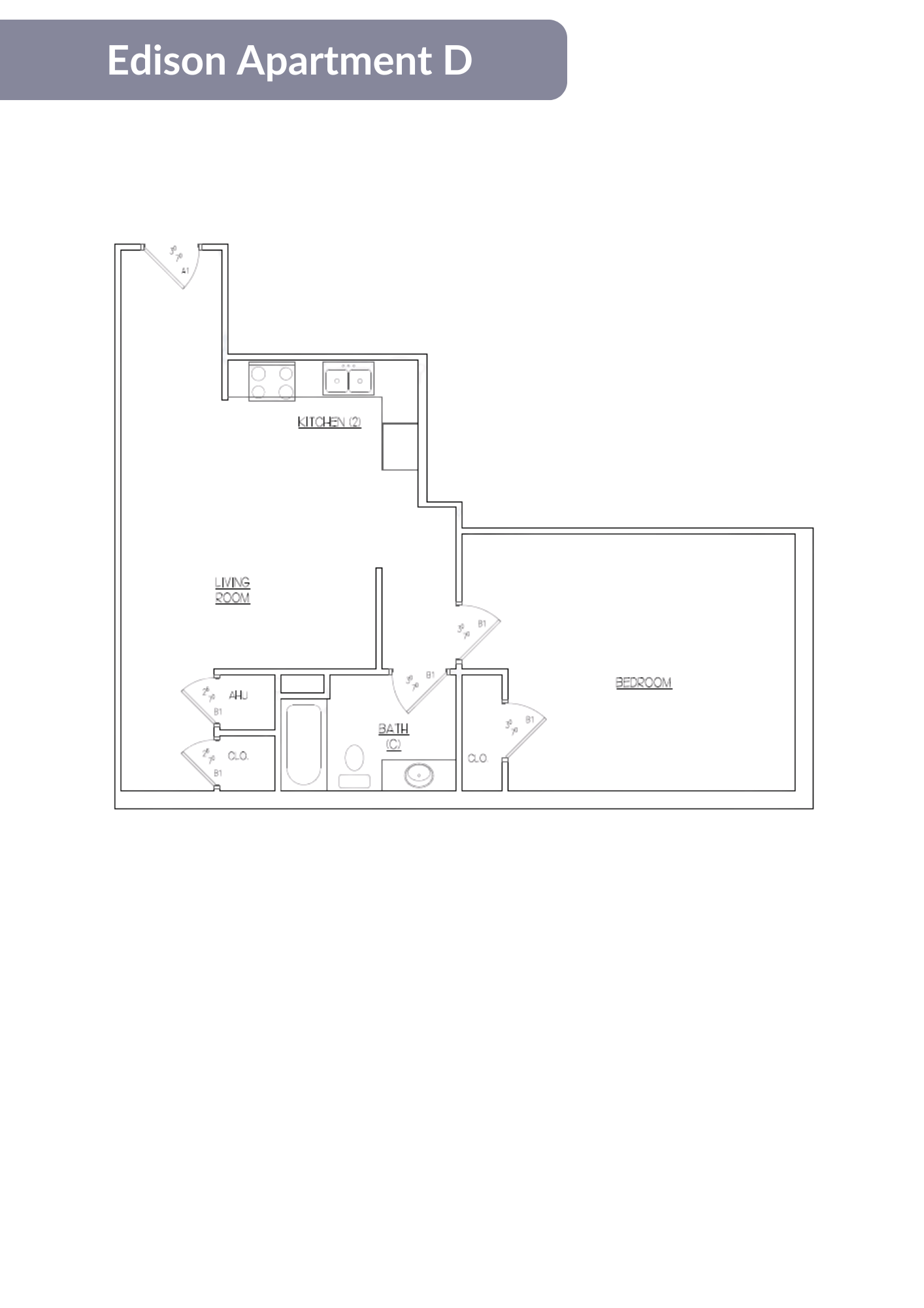 Floor plan for 1 bed, 1 bath, 770 sqft