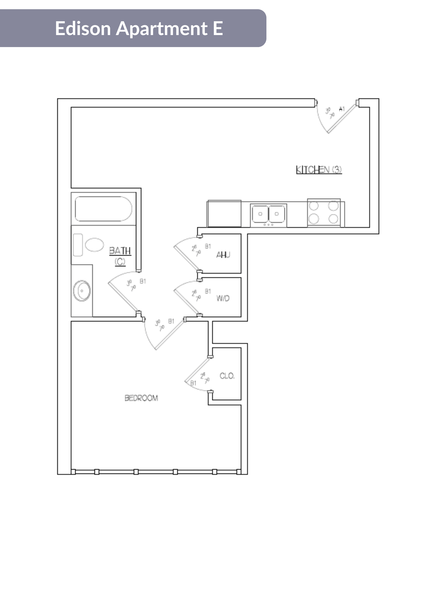 Floor plan for 1 bed, 1 bath, 456 sqft