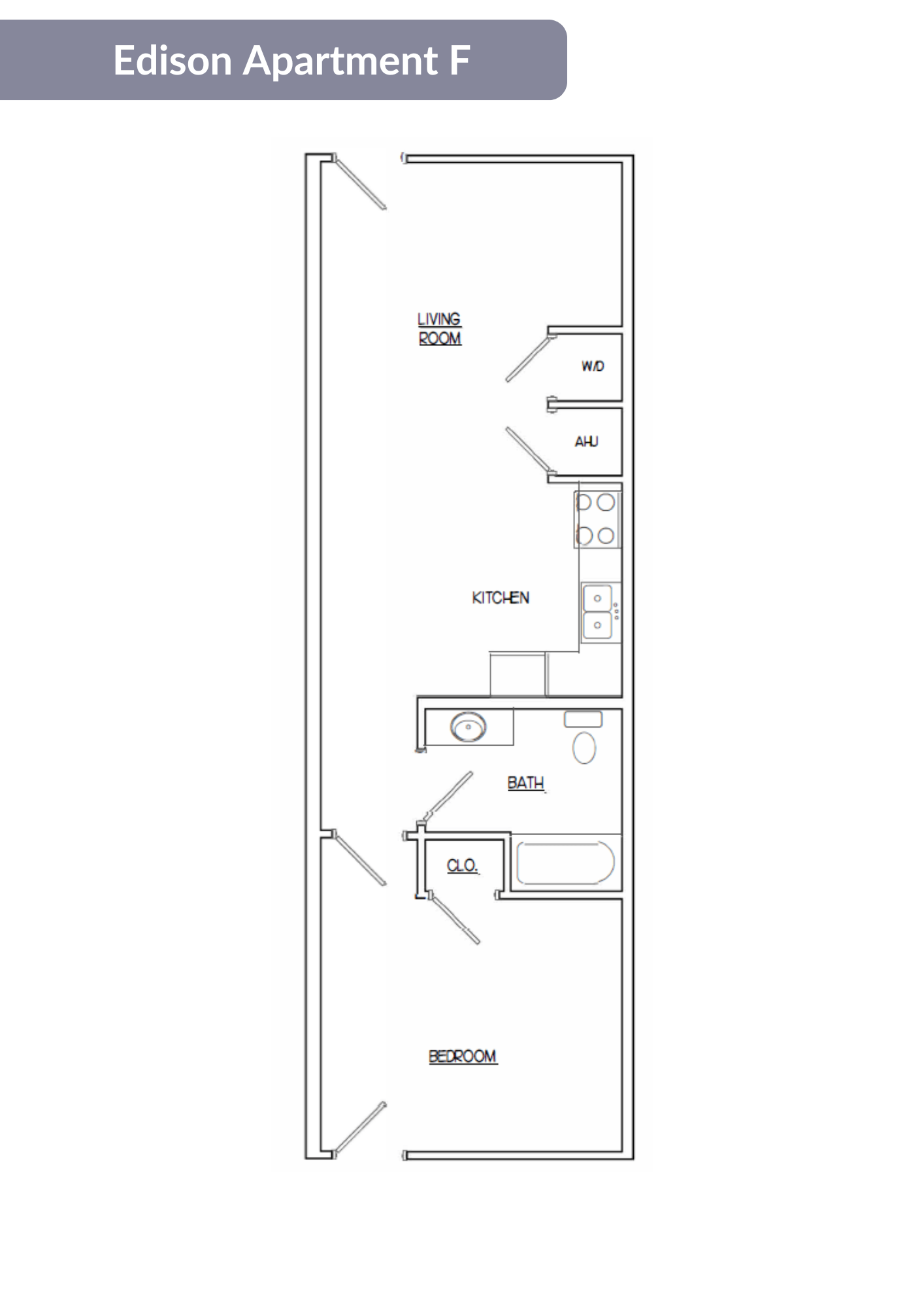 Floor plan for 1 bed, 1 bath, 650 sqft