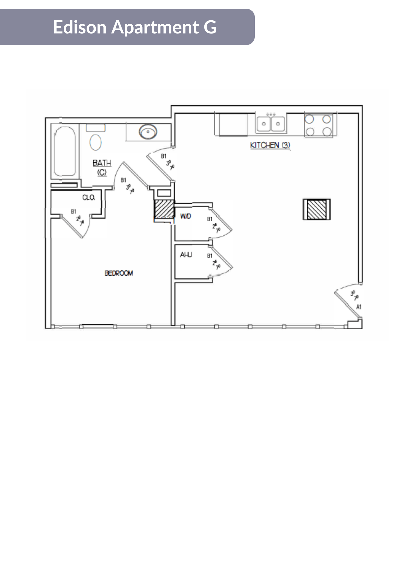 Floor plan for 1 bed, 1 bath, 485 sqft