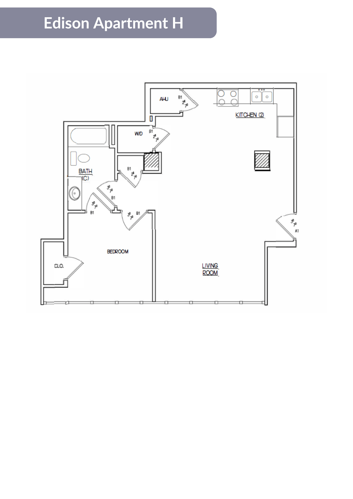 Floor plan for 1 bed, 1 bath, 675 sqft