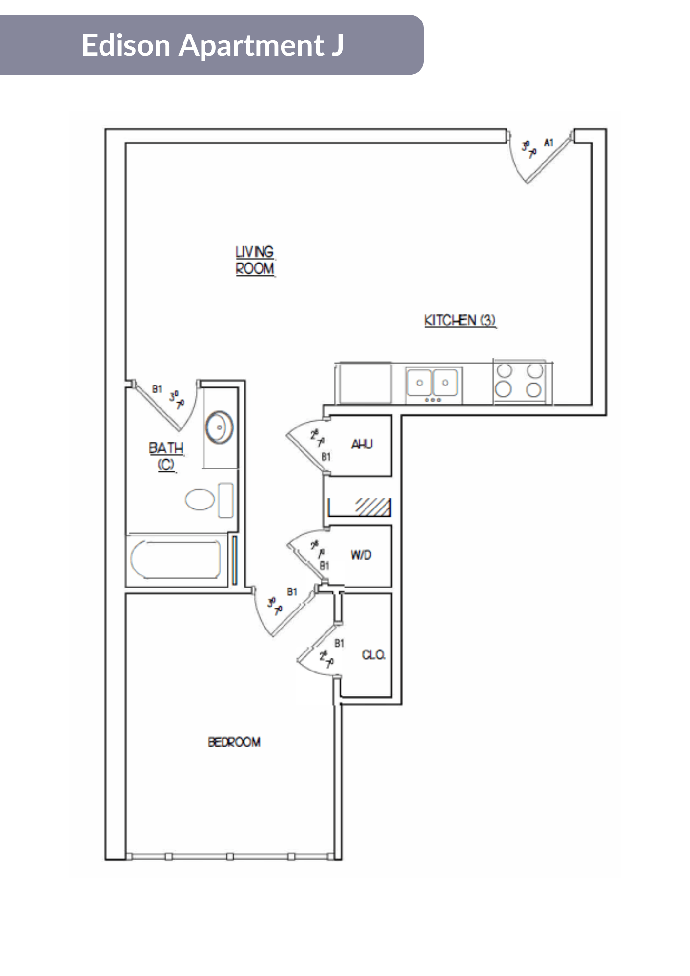 Floor plan for 1 bed, 1 bath, 445 sqft