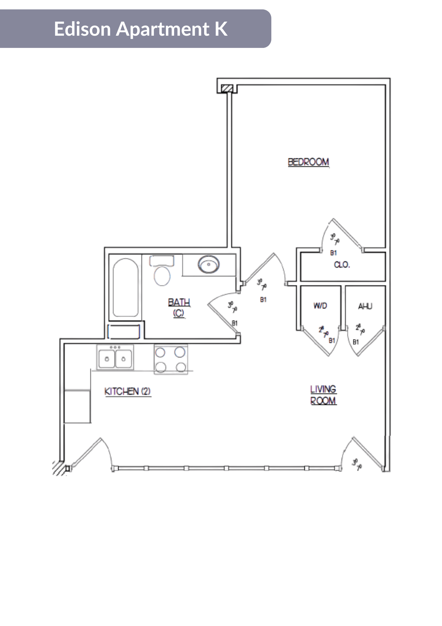 Floor plan for 1 bed, 1 bath, 535 sqft