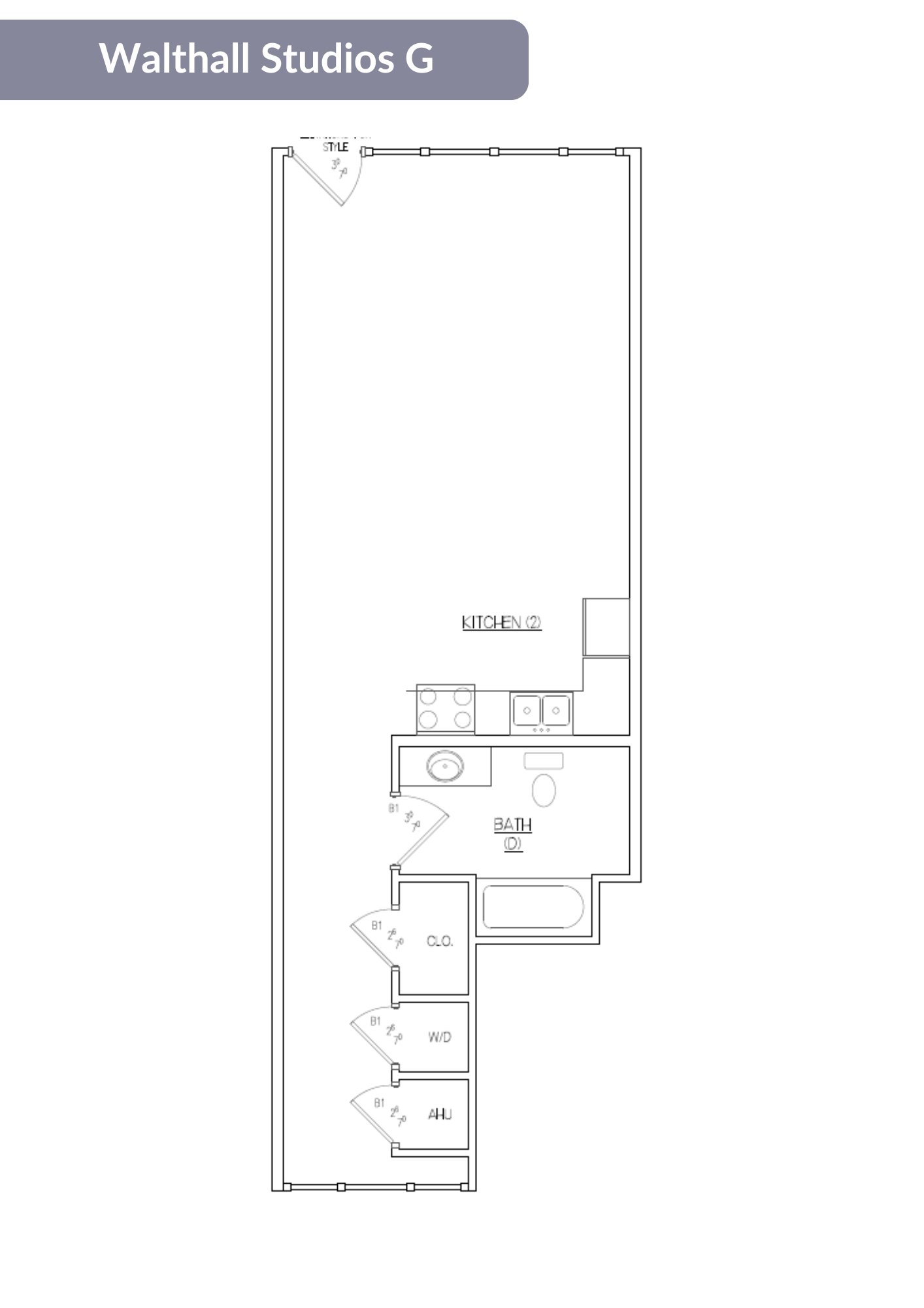 Floor plan for studio, 1 bath, 600 sqft