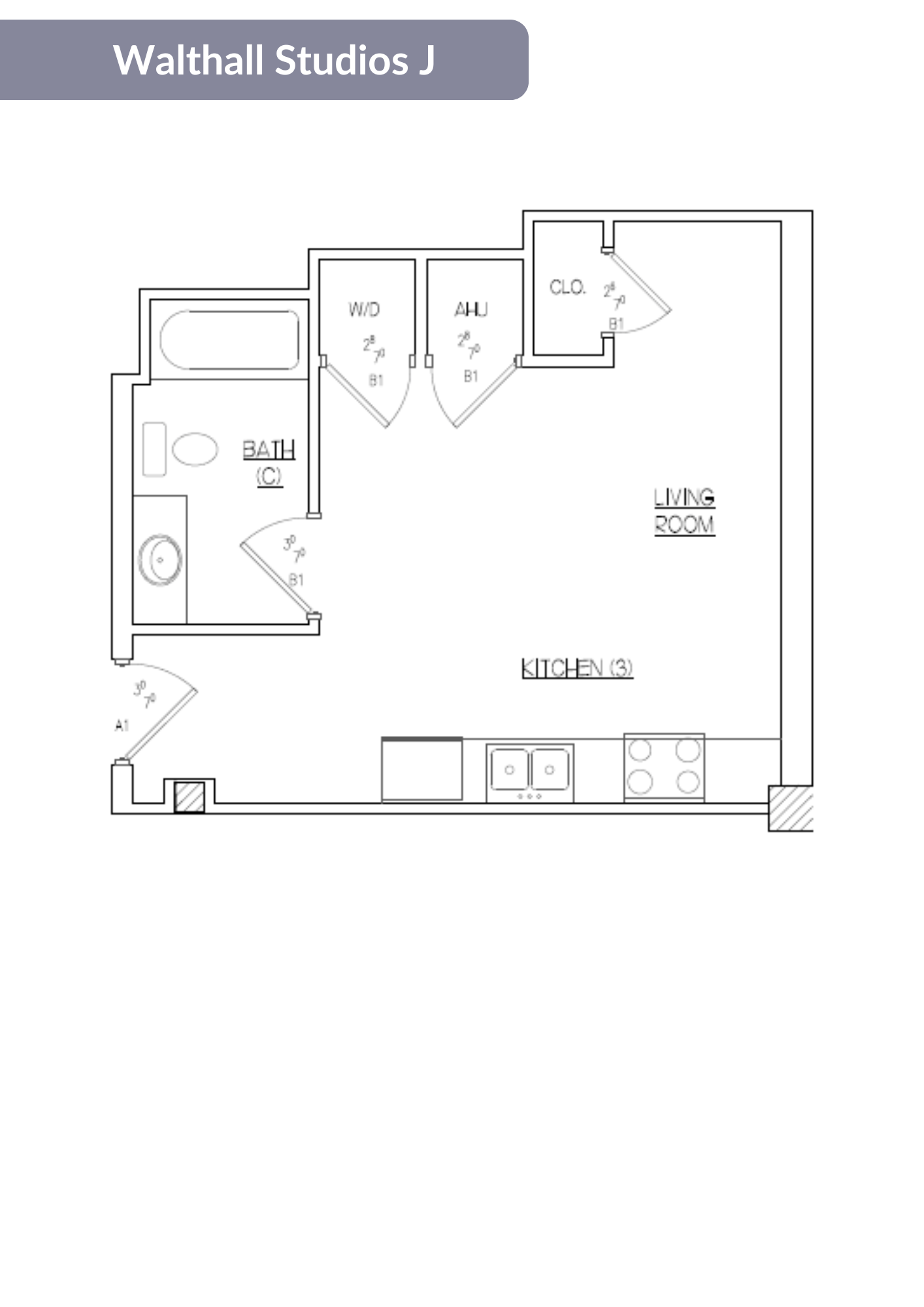 Floor plan for studio, 1 bath, 390 sqft
