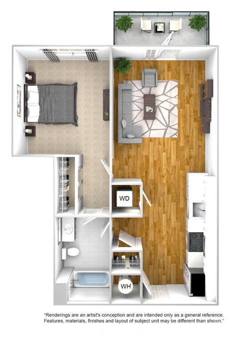 Floor plan for 1 bed, 1 bath, 637 sqft