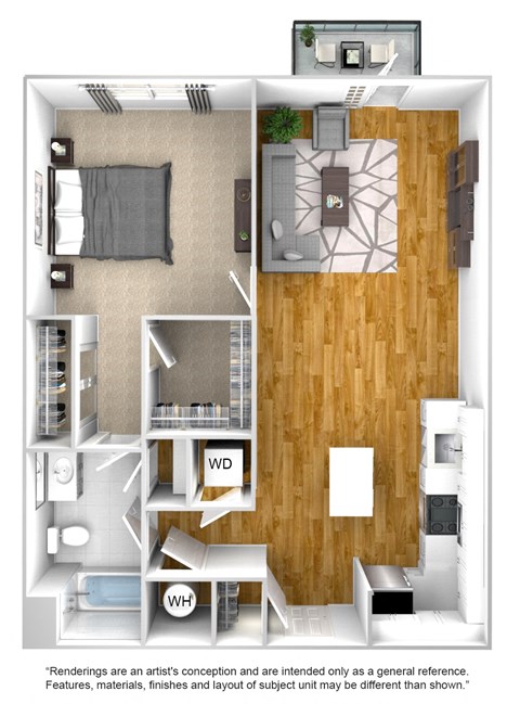 Floor plan for 1 bed, 1 bath, 718 sqft