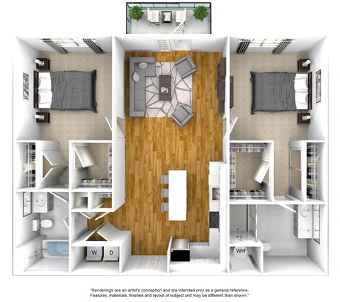 Floor plan for 2 beds, 2 baths, 1138 sqft