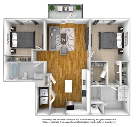 Floor plan for 2 beds, 2 baths, 1038 sqft