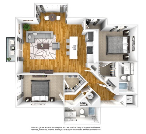 Floor plan for 2 beds, 2 baths, 1173 sqft