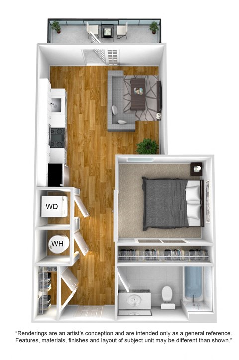 Floor plan for 1 bed, 1 bath, 505 sqft
