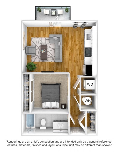 Floor plan for 1 bed, 1 bath, 598 sqft