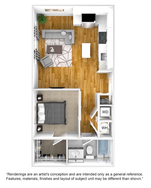 Floor plan for 1 bed, 1 bath, 629 sqft