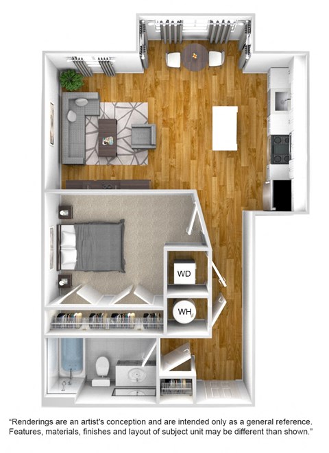 Floor plan for 1 bed, 1 bath, 717 sqft