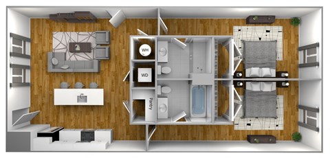 Floor plan for 2 beds, 2 baths, 873 sqft
