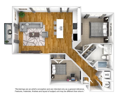 Floor plan for 2 beds, 1 bath, 967 sqft