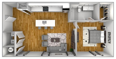 Floor plan for 1 bed, 1 bath, 767 sqft
