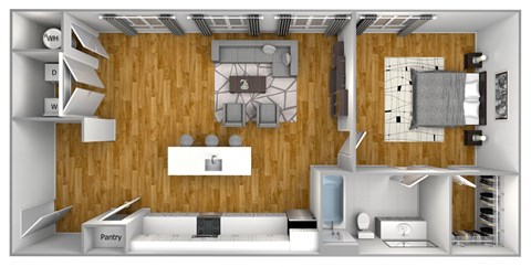 Floor plan for 1 bed, 1 bath, 768 sqft