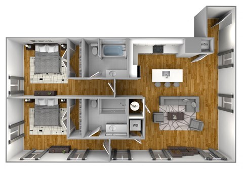 Floor plan for 2 beds, 2 baths, 1129 sqft
