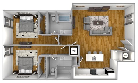 Floor plan for 2 beds, 2 baths, 1132 sqft